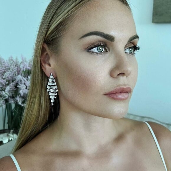 BAQUETTE DROP EARRINGS  CZ DIAMONDS STERLING SILVER - Picture 2 of 5